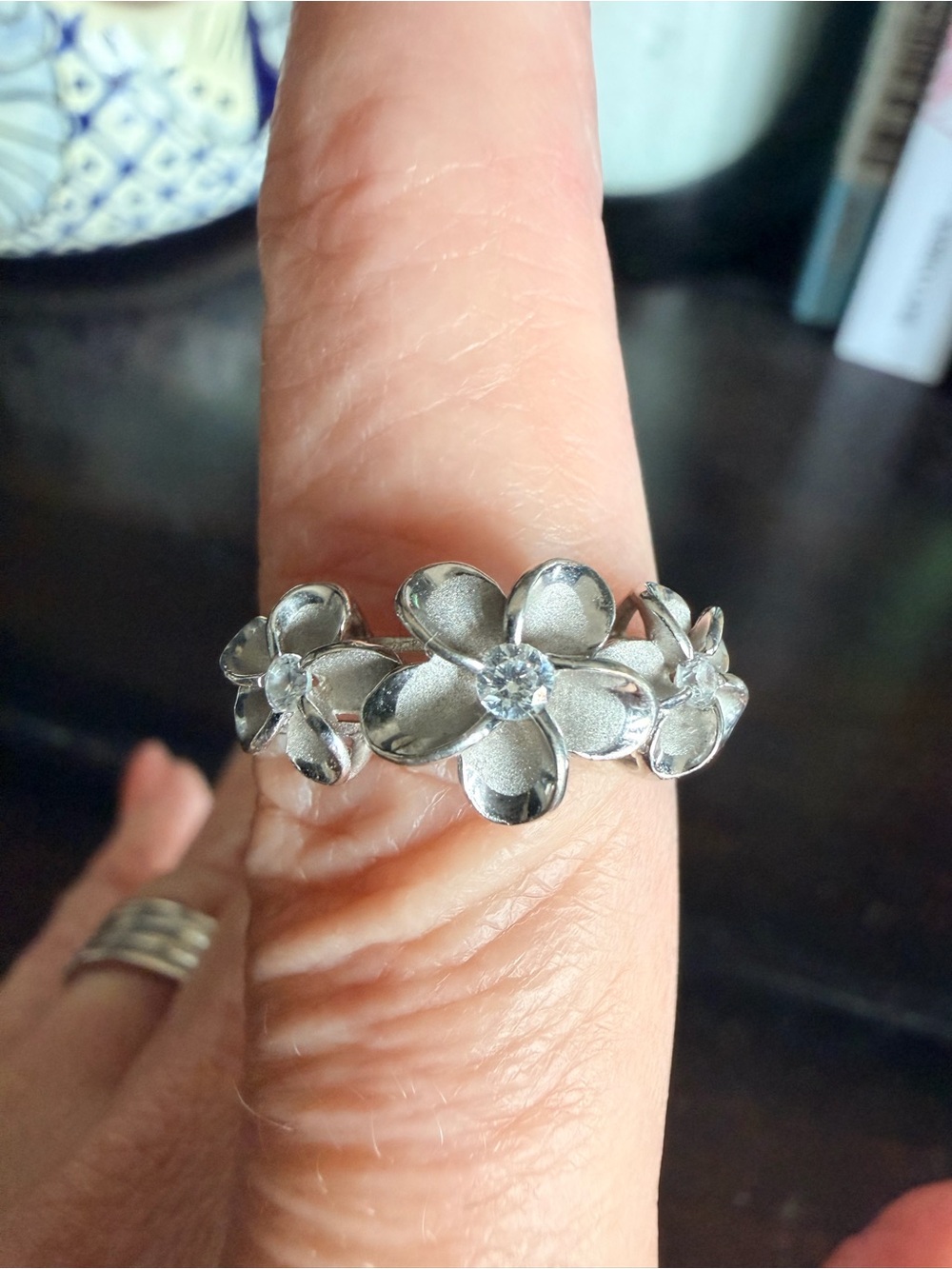 925 stamped silver plumeria ring